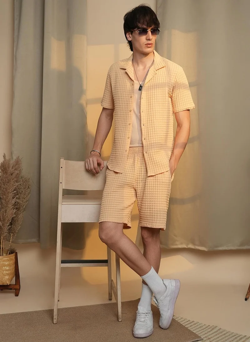 CAHOOT  Men's Canvas Beige Waffle-Textured Co-Ord Set For Casual Wear | Cuban Collar | Short Sleeve | Button Closure | Co-Ords Crafted With Comfort Fit For Everyday Wear for Men | Best Price UAE